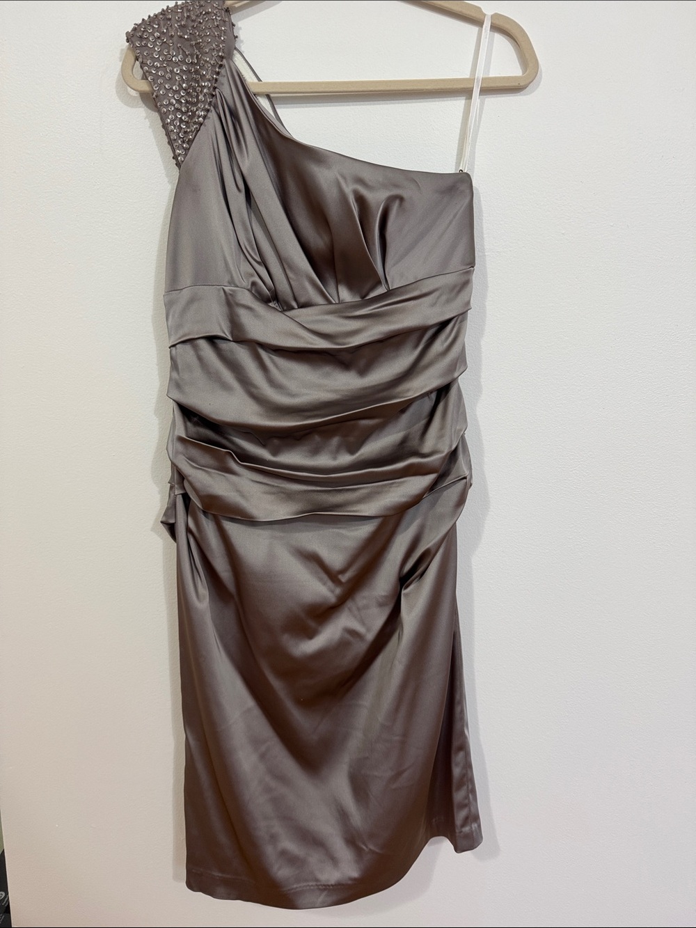 Suzi Chin for Maggy Boutique One-Shoulder Satin Dress in Taupe